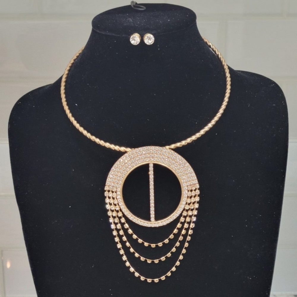 Bling Rhinestone Goldplated Pave Draped Choker Pendant Set